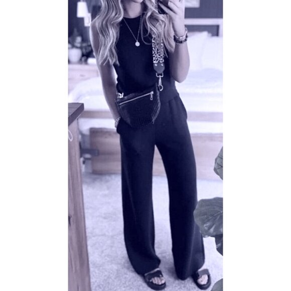 Spanx AirEssentials Sleeveless Jumpsuit Classic Navy Romper Open Back Wide Leg L - Picture 8 of 14